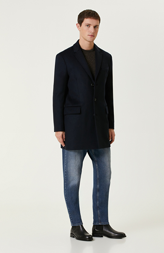 Lacivert Kaşmir Karışımlı Palto