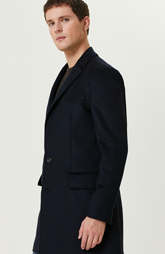 Lacivert Kaşmir Karışımlı Palto