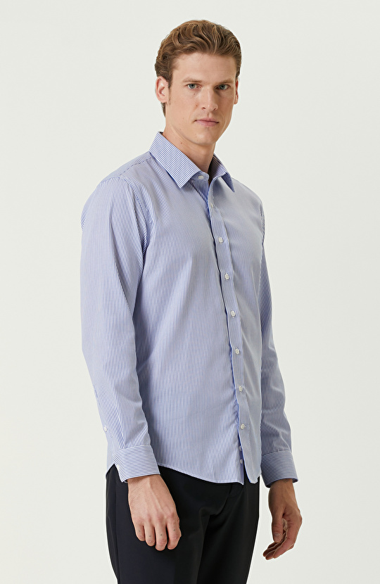 Lacivert-Beyaz Non-Iron Çizgili Gömlek