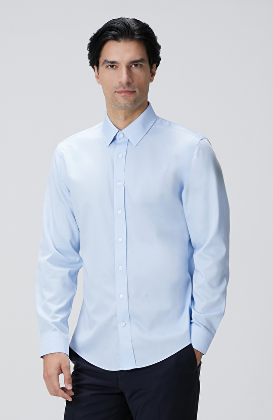 Non-Iron Mavi Saten Gömlek