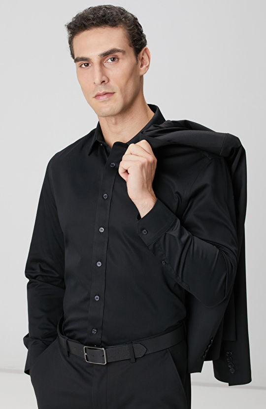 Non-Iron Siyah Saten Gömlek