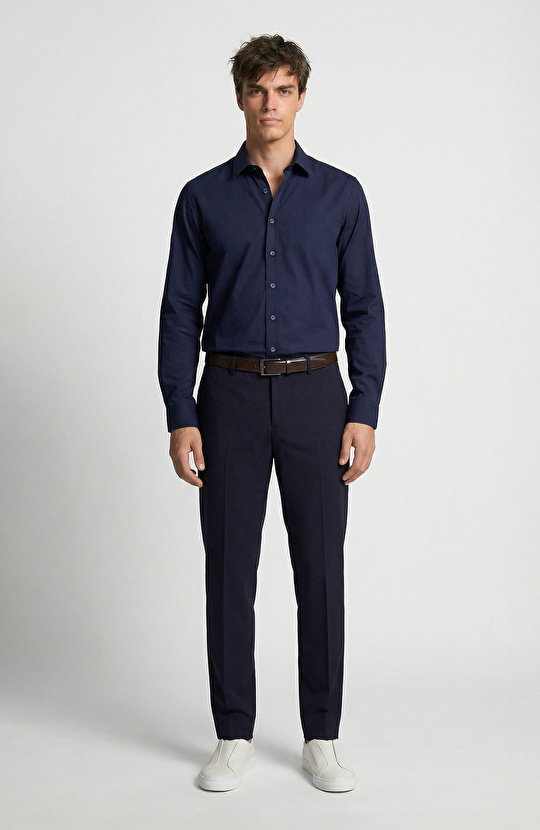 Non-Iron Lacivert Saten Gömlek