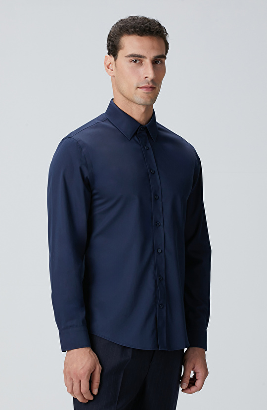 Non-Iron Lacivert Saten Gömlek