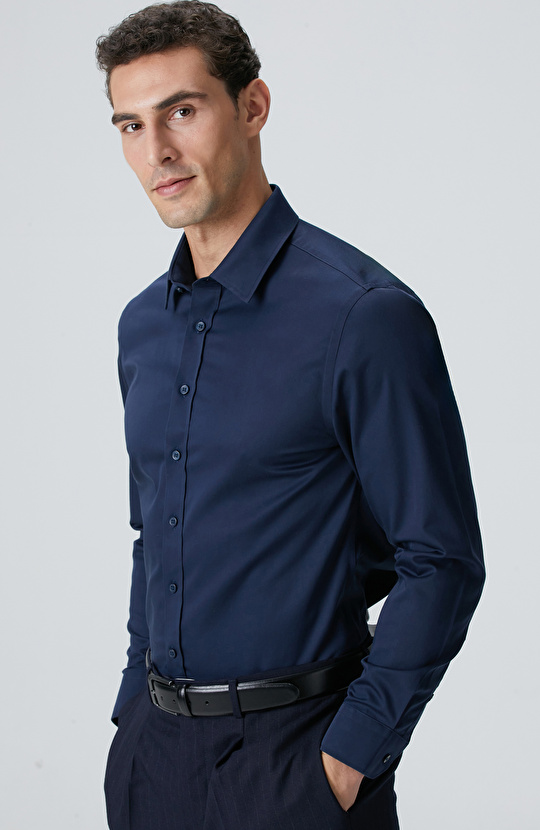 Non-Iron Lacivert Saten Gömlek