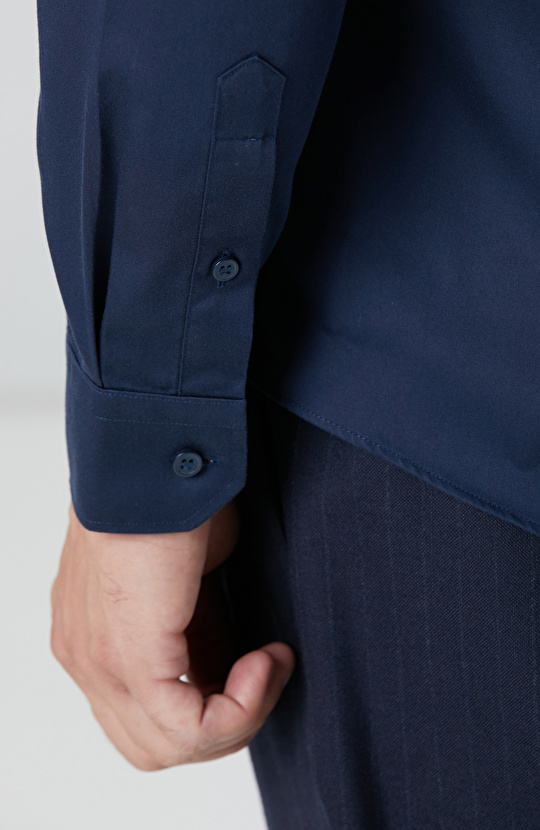 Non-Iron Lacivert Saten Gömlek