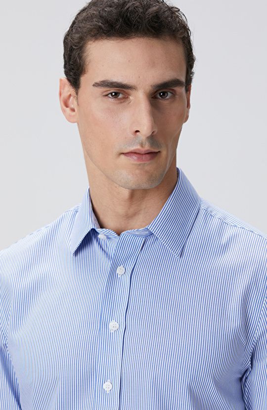 Mavi Çizgi Desenli Super Non-Iron Gömlek