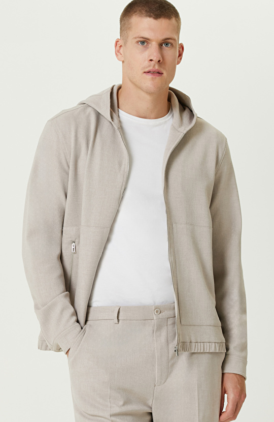 Bej Melanj Kapüşonlu Dış Gömlek