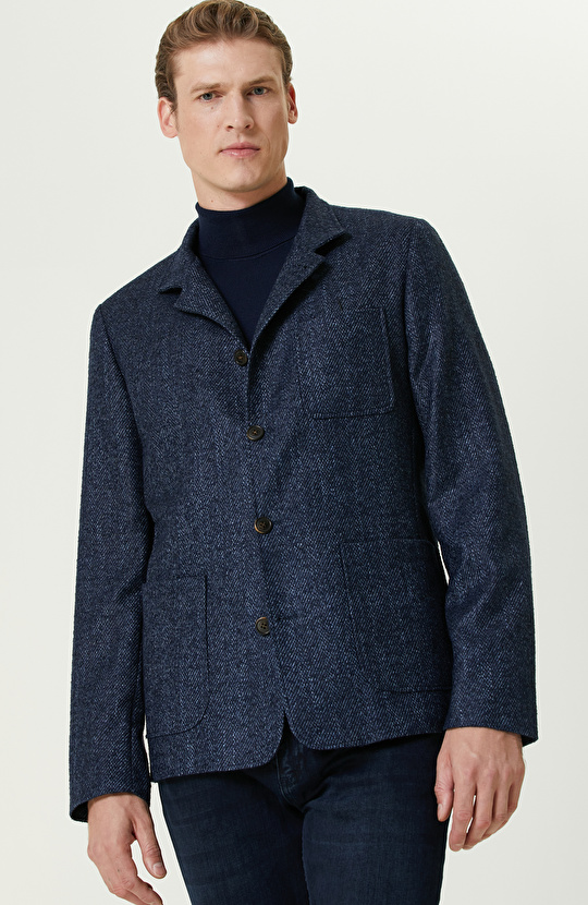 Lacivert Limited Yün-Kaşmir Karışımlı Diyagonal Ceket