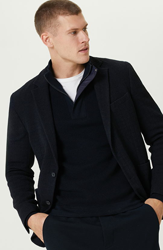 Lacivert Yün Karışımlı Örme Ceket