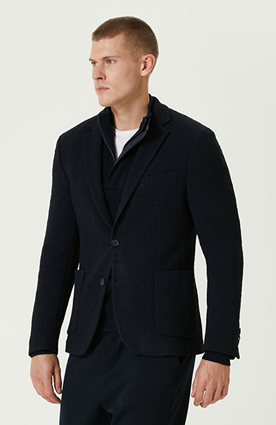 Lacivert Yün Karışımlı Örme Ceket