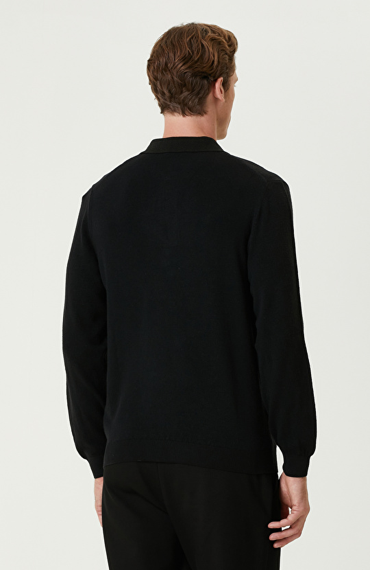 Siyah Polo Yaka Fermuarlı Triko Kazak