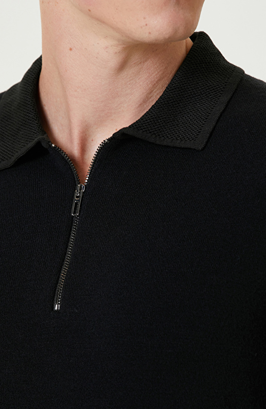 Siyah Polo Yaka Fermuarlı Triko Kazak