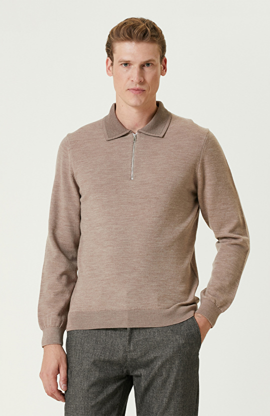 Bej Melanj Polo Yaka Fermuarlı Triko Kazak Bej Melanj Polo Yaka Fermuarlı Triko Kazak