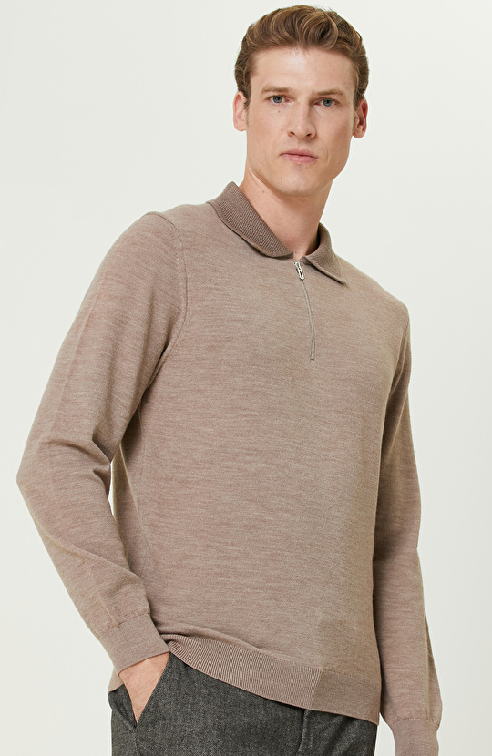 Bej Melanj Polo Yaka Fermuarlı Triko Kazak