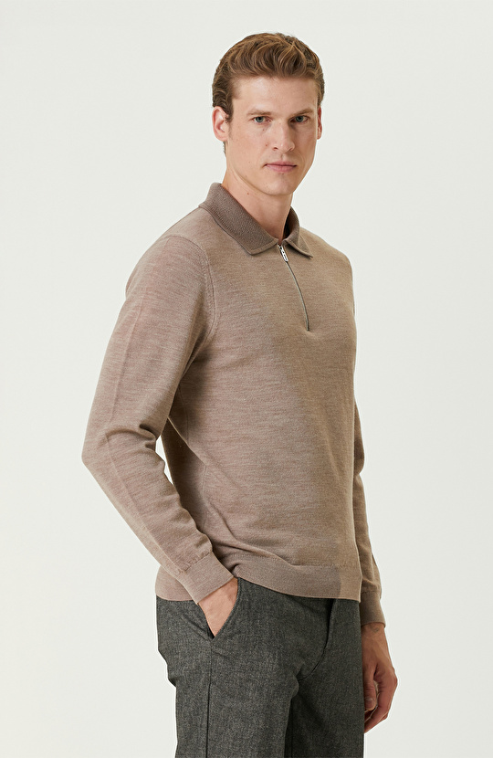 Bej Melanj Polo Yaka Fermuarlı Triko Kazak