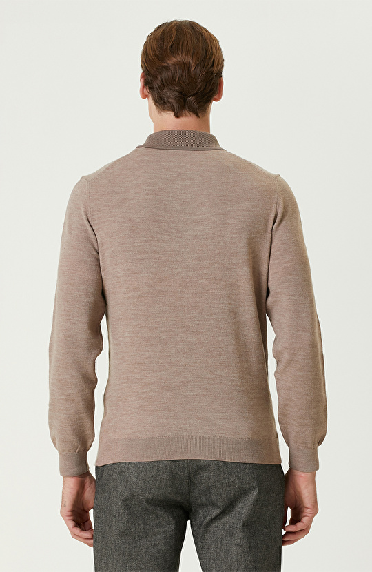 Bej Melanj Polo Yaka Fermuarlı Triko Kazak