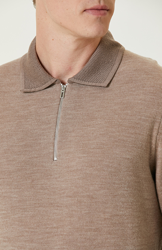 Bej Melanj Polo Yaka Fermuarlı Triko Kazak