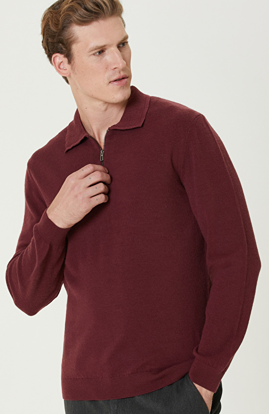 Bordo Polo Yaka Fermuarlı Triko Kazak