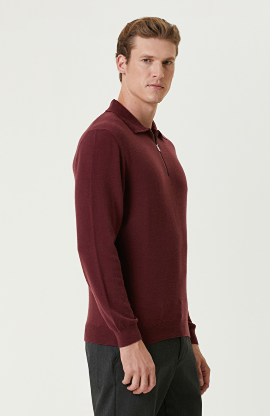 Bordo Polo Yaka Fermuarlı Triko Kazak