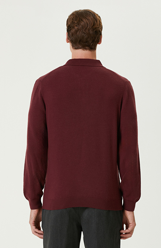 Bordo Polo Yaka Fermuarlı Triko Kazak