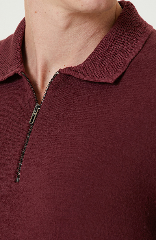 Bordo Polo Yaka Fermuarlı Triko Kazak