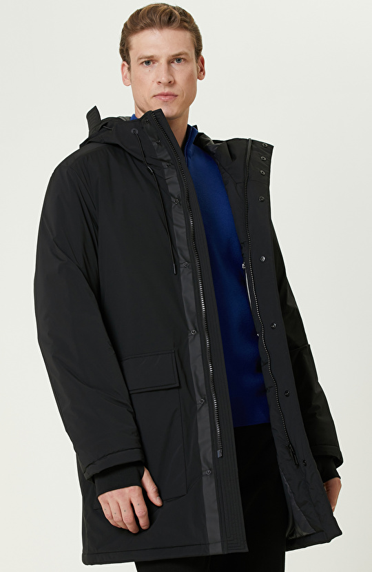 Siyah N-Tech Kapüşonlu Casual Kaban