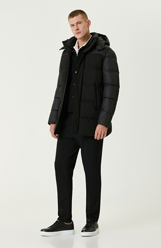 Siyah Kapüşonlu  Puffer Casual Kaban