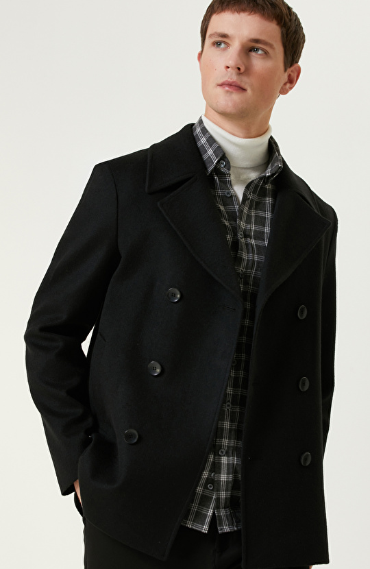 Siyah Yün Karışımlı Gemici Kaban