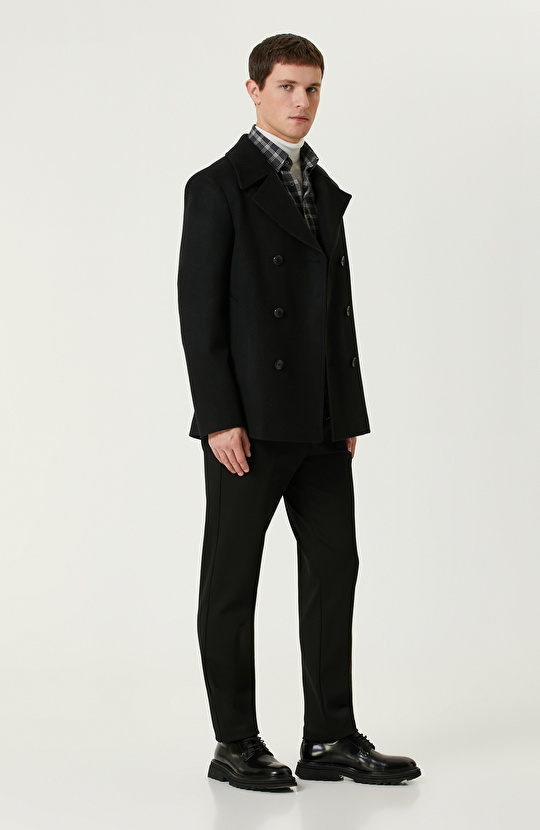 Siyah Yün Karışımlı Gemici Kaban