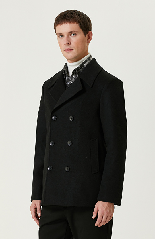 Siyah Yün Karışımlı Gemici Kaban