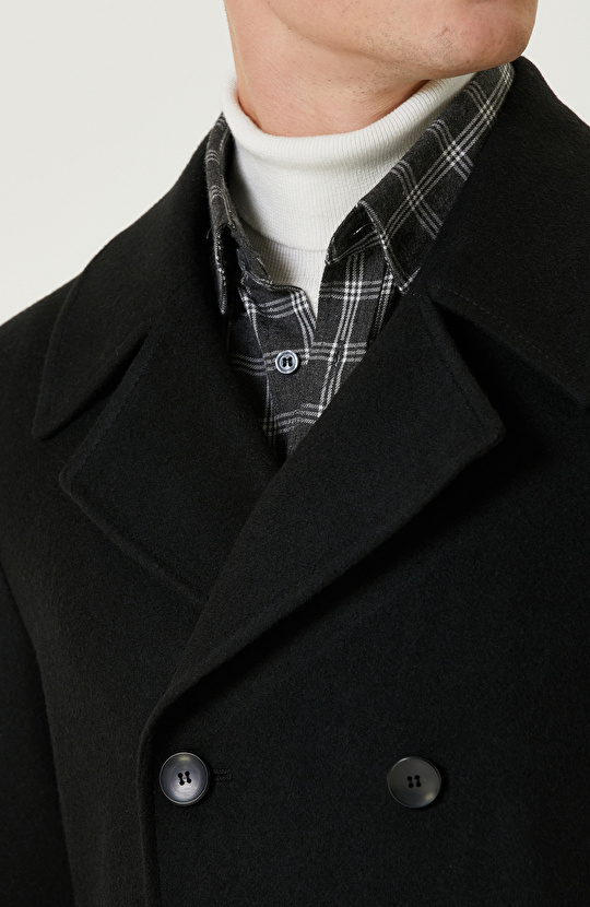 Siyah Yün Karışımlı Gemici Kaban