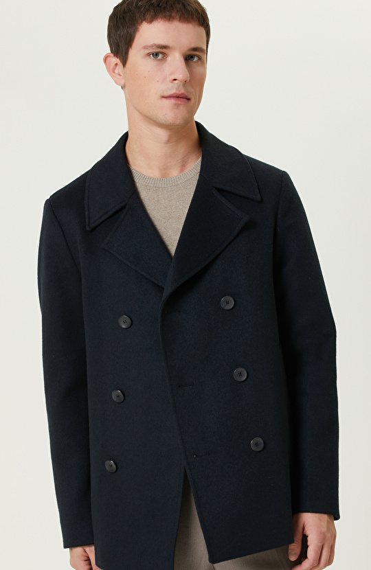 Lacivert Yün Karışımlı Gemici Kaban