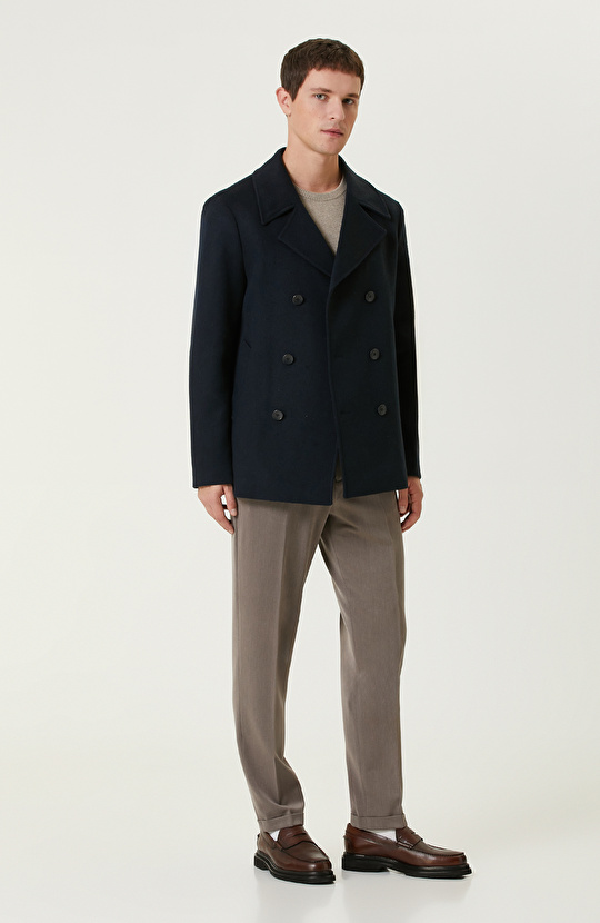 Lacivert Yün Karışımlı Gemici Kaban