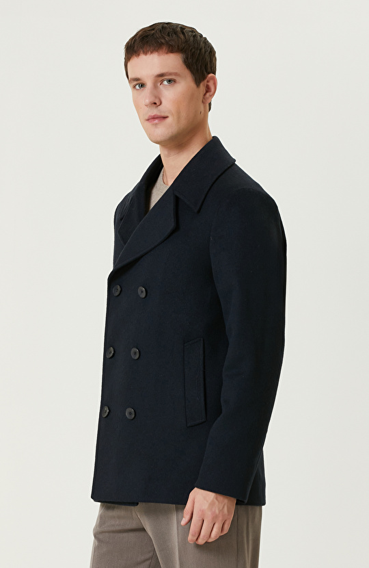 Lacivert Yün Karışımlı Gemici Kaban