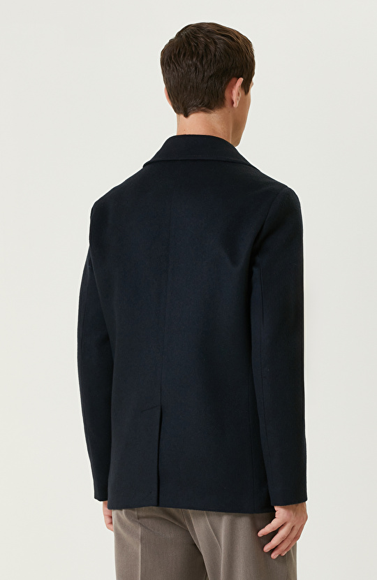 Lacivert Yün Karışımlı Gemici Kaban