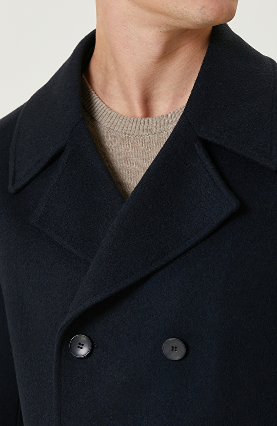 Lacivert Yün Karışımlı Gemici Kaban