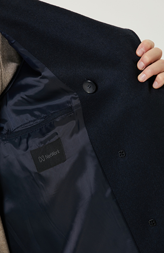 Lacivert Yün Karışımlı Gemici Kaban