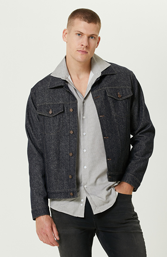 Lacivert Yün Karışımlı Diyagonal Mont