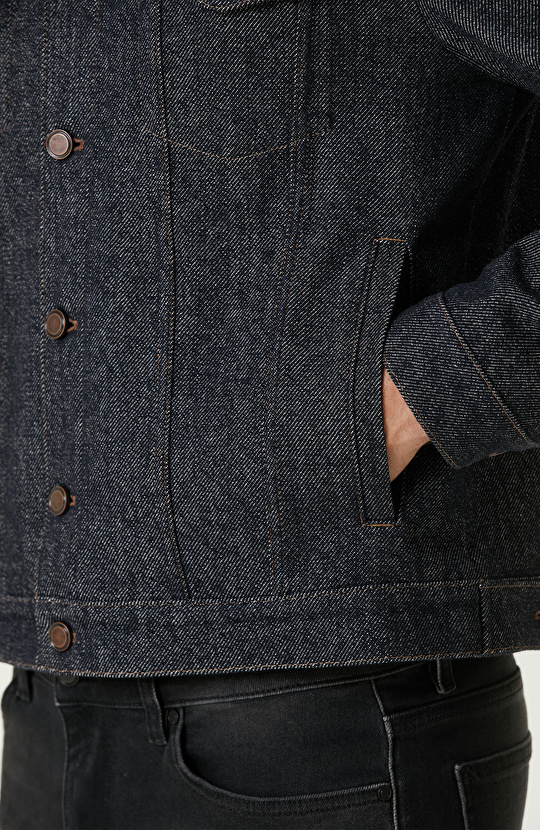 Lacivert Yün Karışımlı Diyagonal Mont