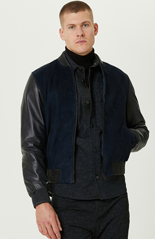 Lacivert Kolları Deri Süet Bomber Mont