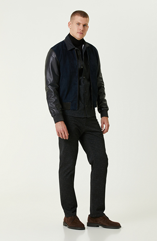 Lacivert Kolları Deri Süet Bomber Mont