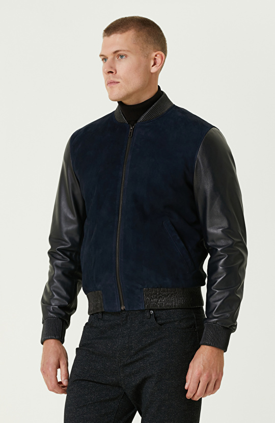 Lacivert Kolları Deri Süet Bomber Mont