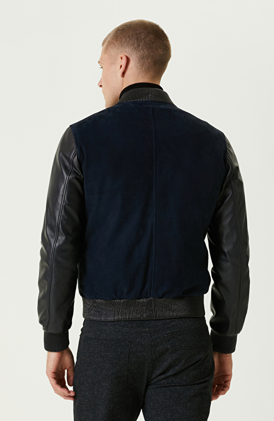 Lacivert Kolları Deri Süet Bomber Mont
