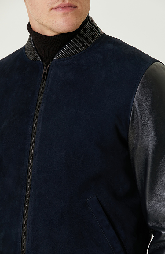 Lacivert Kolları Deri Süet Bomber Mont