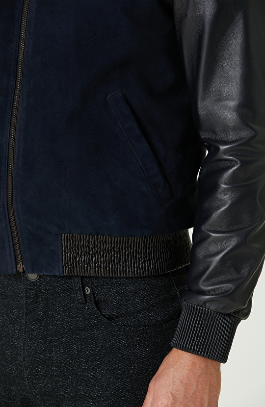 Lacivert Kolları Deri Süet Bomber Mont