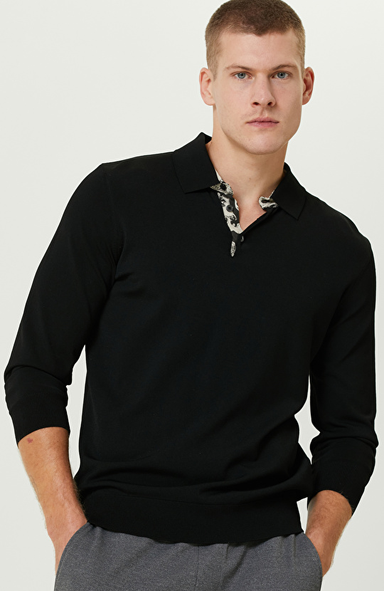 Siyah Polo Yaka Triko Kazak