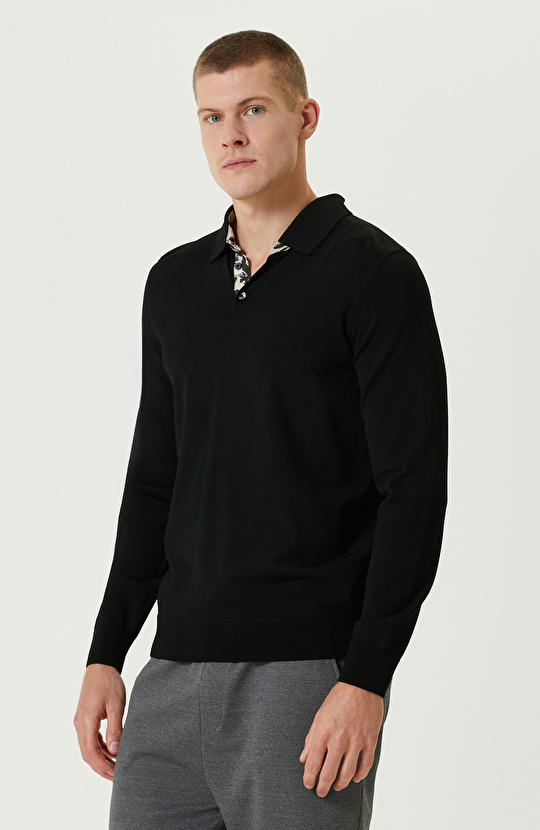 Siyah Polo Yaka Triko Kazak