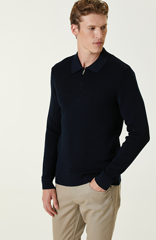 Lacivert Yün Karışımlı Polo Yaka Fermuarlı Triko Kazak