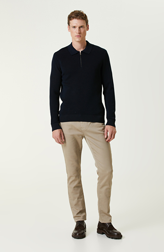 Lacivert Yün Karışımlı Polo Yaka Fermuarlı Triko Kazak