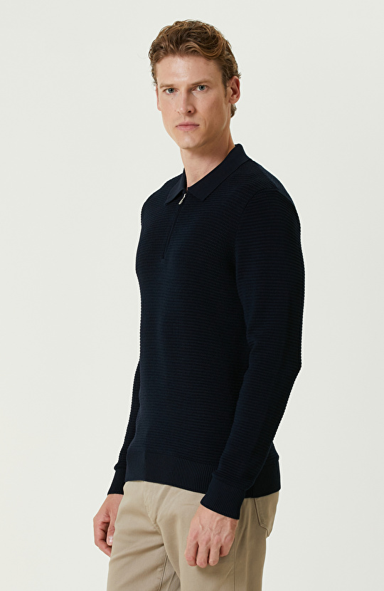 Lacivert Yün Karışımlı Polo Yaka Fermuarlı Triko Kazak